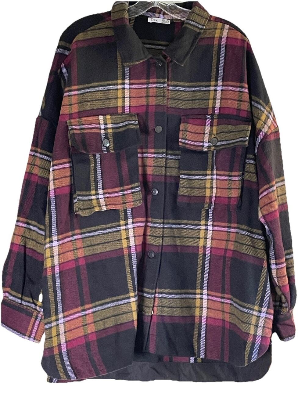 Dex Plus 1X Plaid Shacket Burgundy Mustard Black Button Front Flannel Jacket NWT